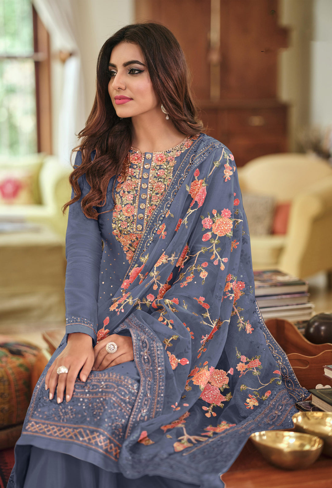 Readymade Timeless Elegance in Dark Grey Designer Salwar Kameez