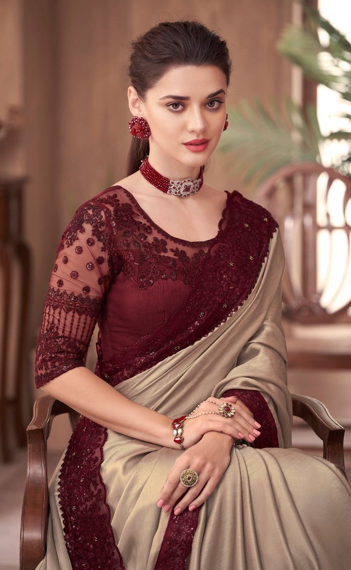 Exquisite Beige-Red Indian Silk Embroidery Saree