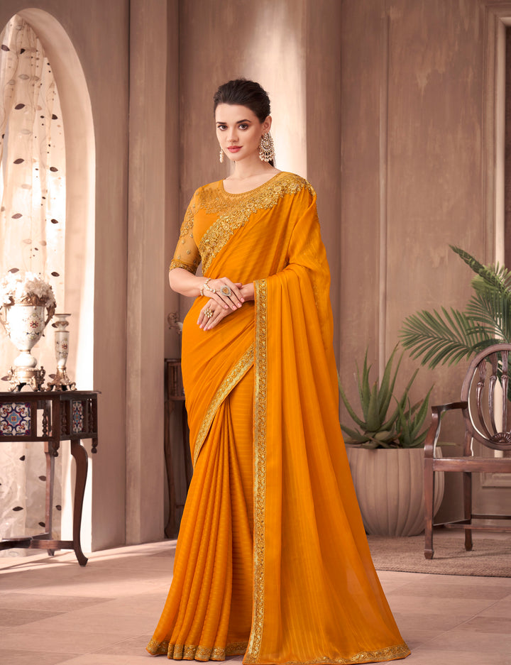 Shop Stunning Orange Saffron Silk Embroidery Saree