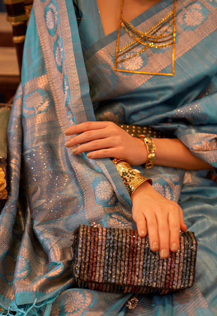 Exquisite Sky Blue Banarasi Silk Saree