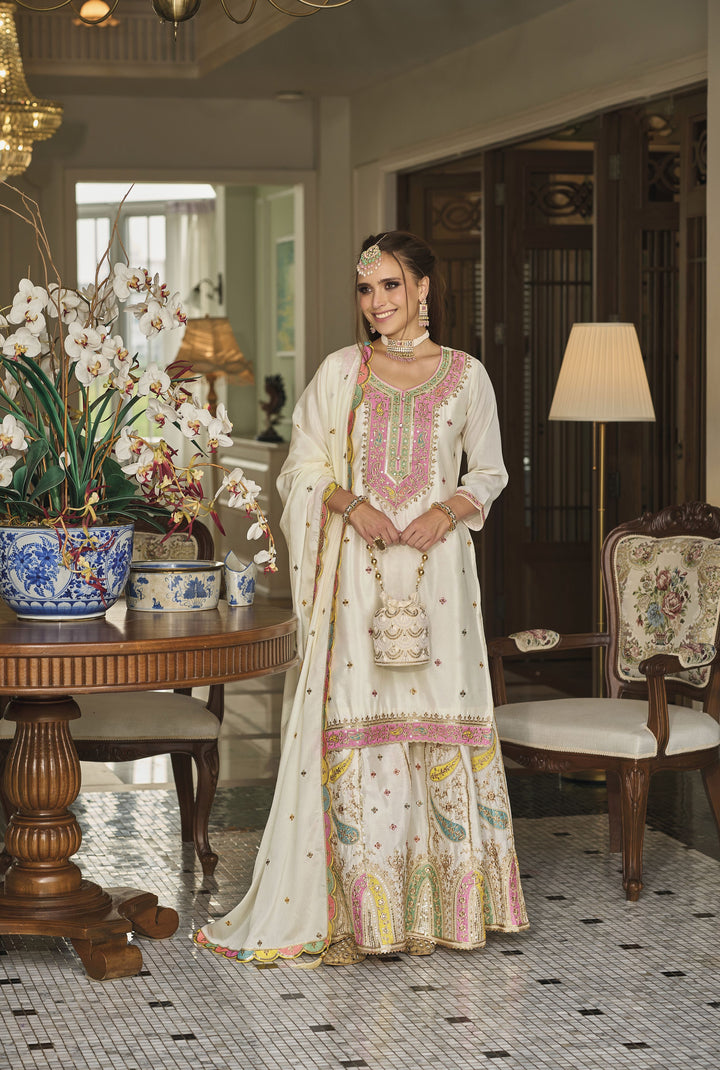 Readymade Elegant White Designer Palazzo Type Salwar Kameez