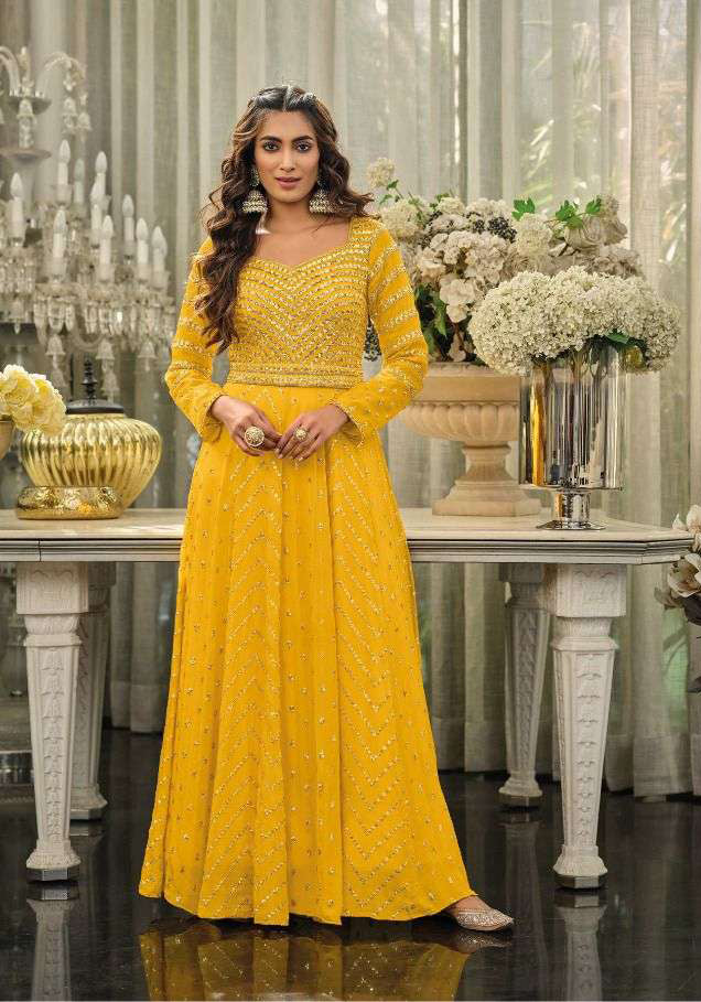 Yellow Engagement Wear Gown with Exquisite Embroidery