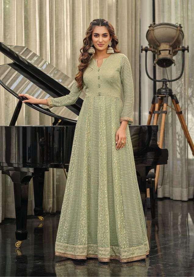 Graceful Pista Green Engagement Wear Gown with Embroidery