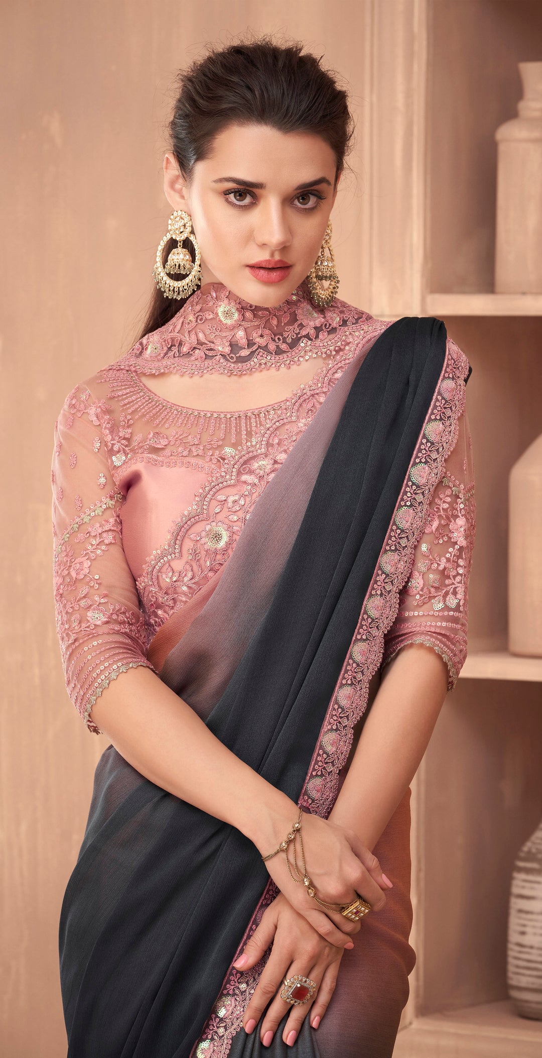 Exquisite Pink-Grey Silk Embroidery Saree