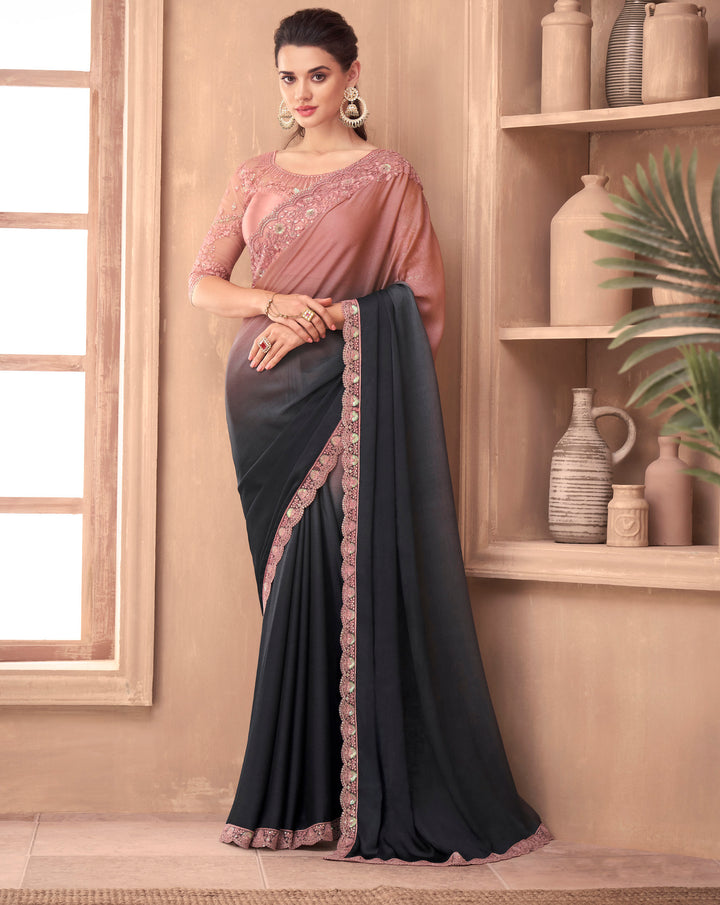 Exquisite Pink-Grey Silk Embroidery Saree