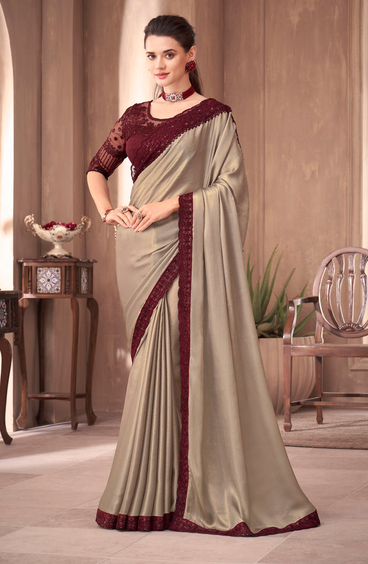 Exquisite Beige-Red Indian Silk Embroidery Saree