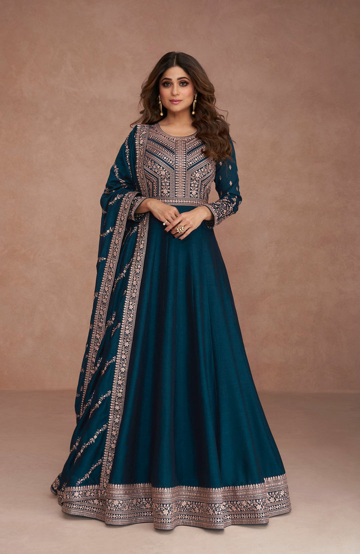 Exquisite Blue Premium Silk Anarkali Suits