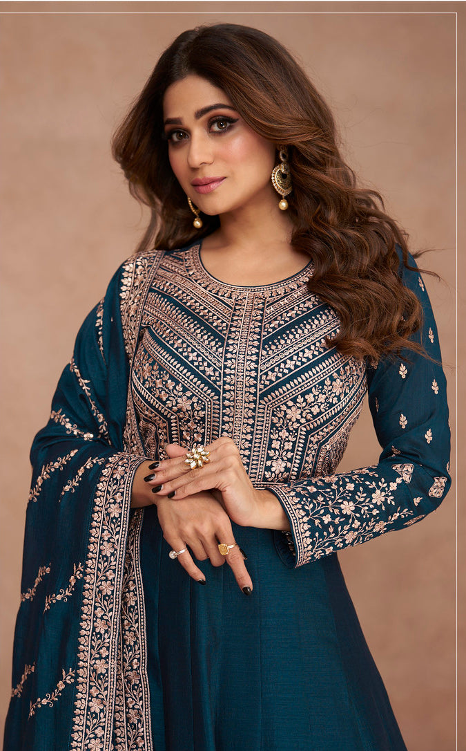 Exquisite Blue Premium Silk Anarkali Suits