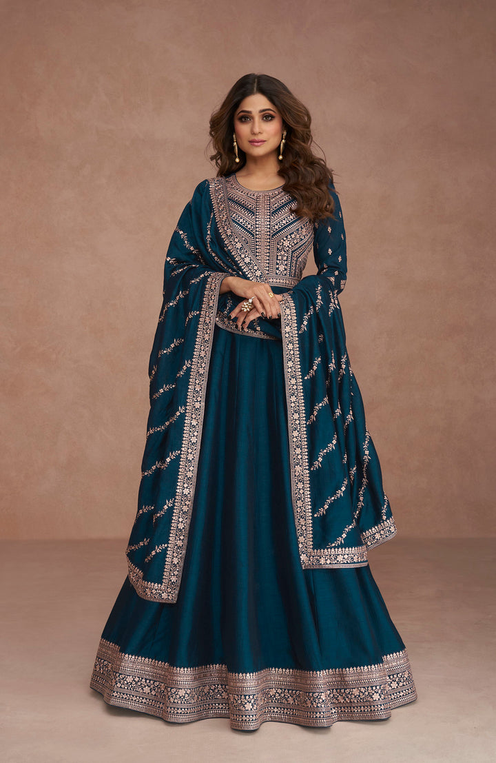Exquisite Blue Premium Silk Anarkali Suits