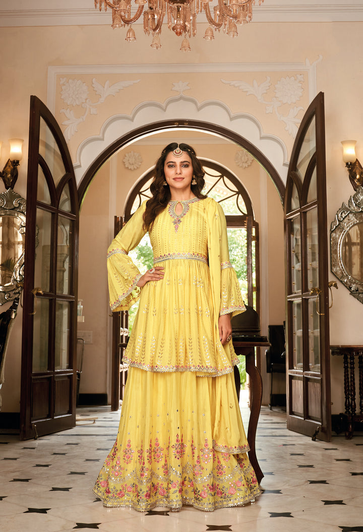 Designer Partywear Yellow Sharara Salwar Suit
