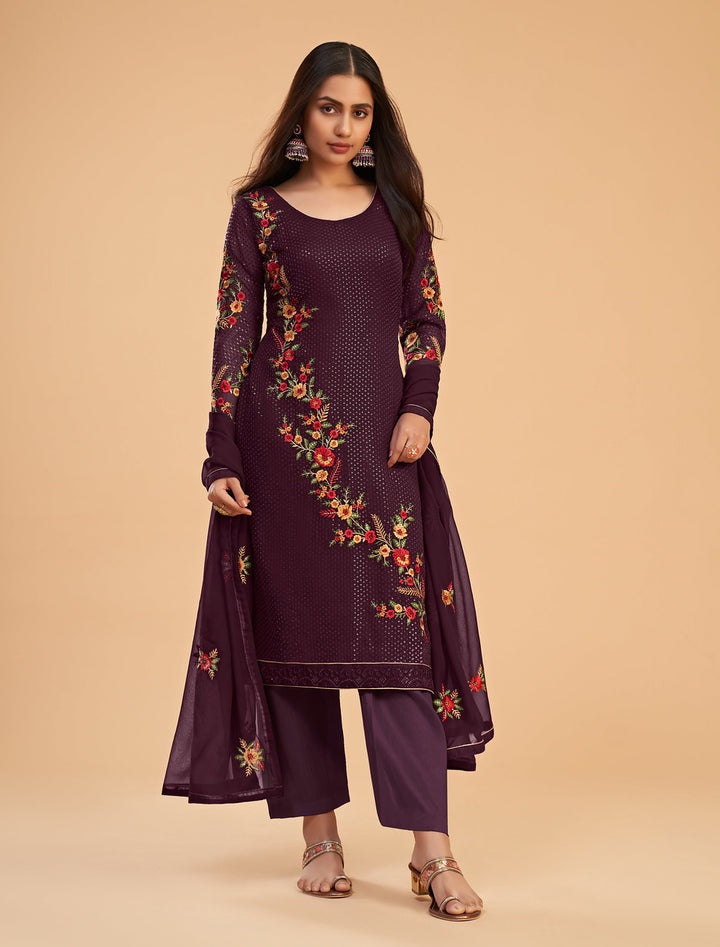 Exquisite Wine Georgette Designer Salwar Kameez