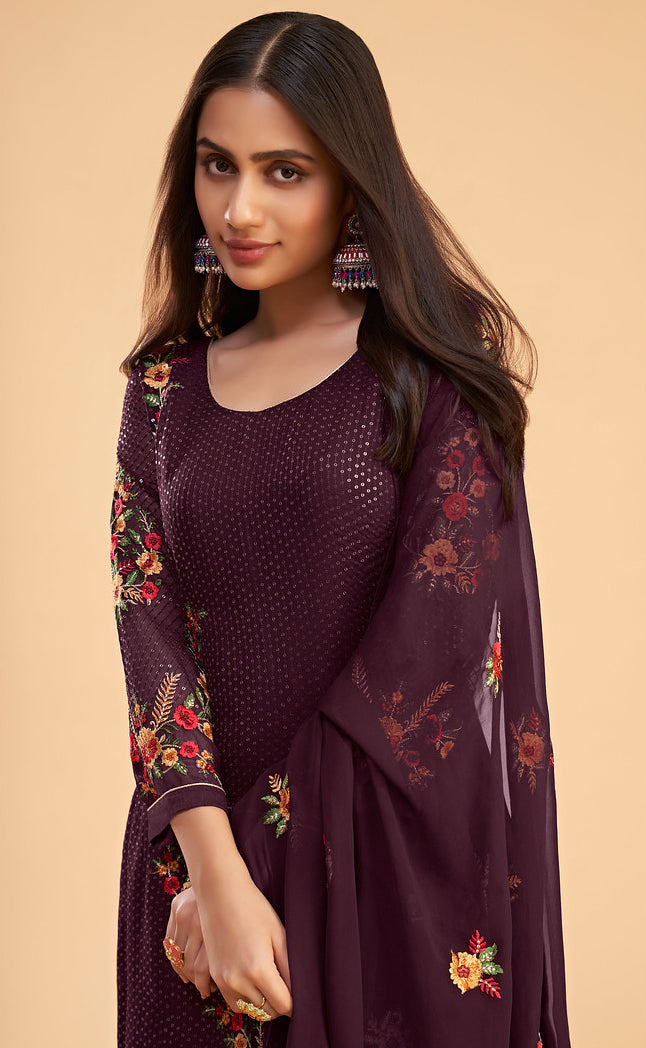 Exquisite Wine Georgette Designer Salwar Kameez