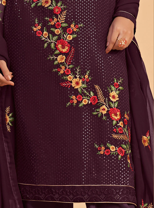 Exquisite Wine Georgette Designer Salwar Kameez