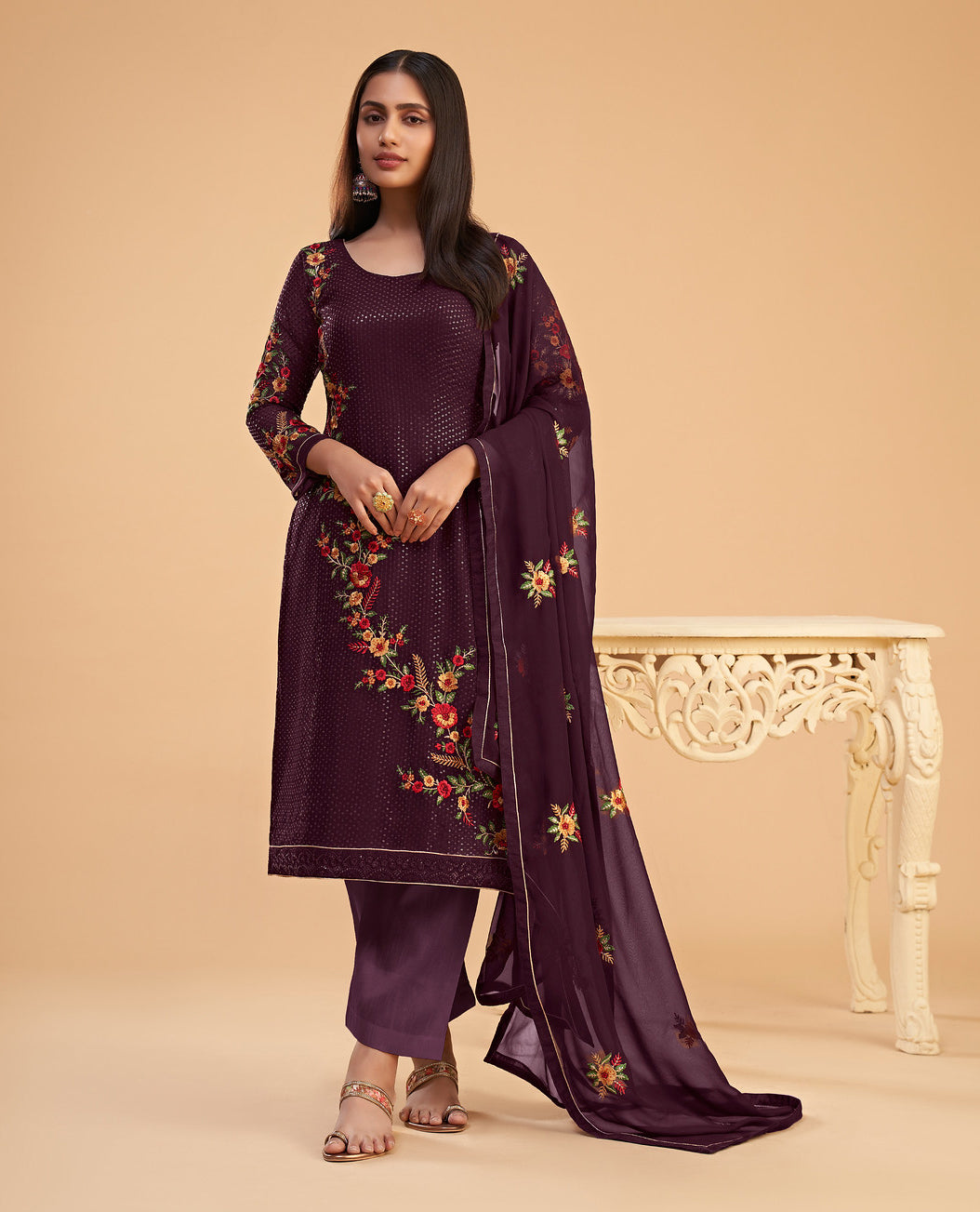 Exquisite Wine Georgette Designer Salwar Kameez