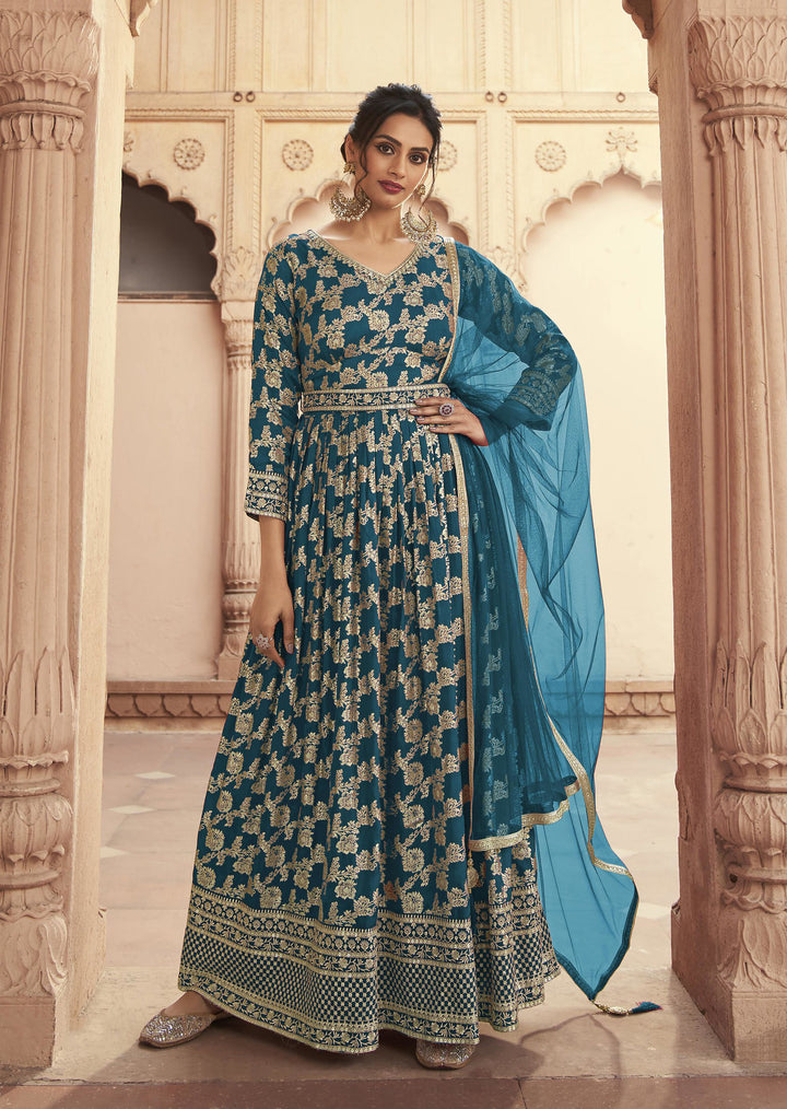 Blue Jacquard embroidered Anarkali Suit