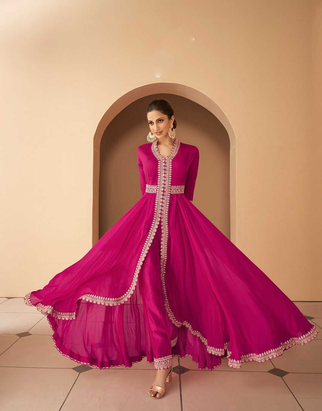 Pink Partywear Free Size Stitched Anarkali Suit