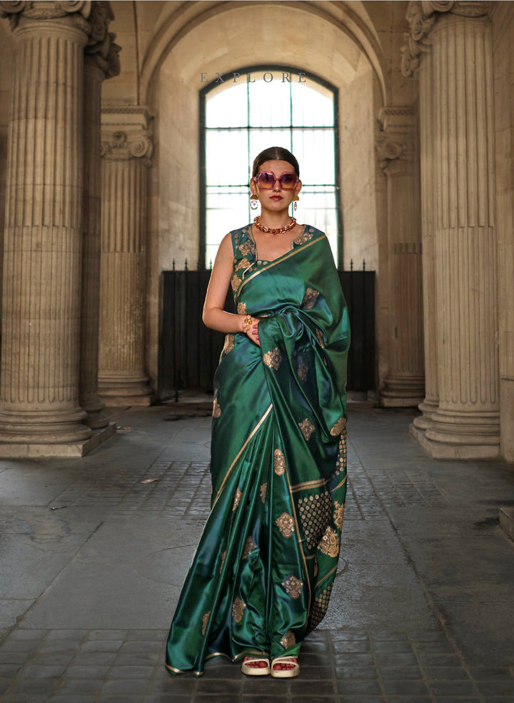 Elegant Green Pure Satin Handloom Saree