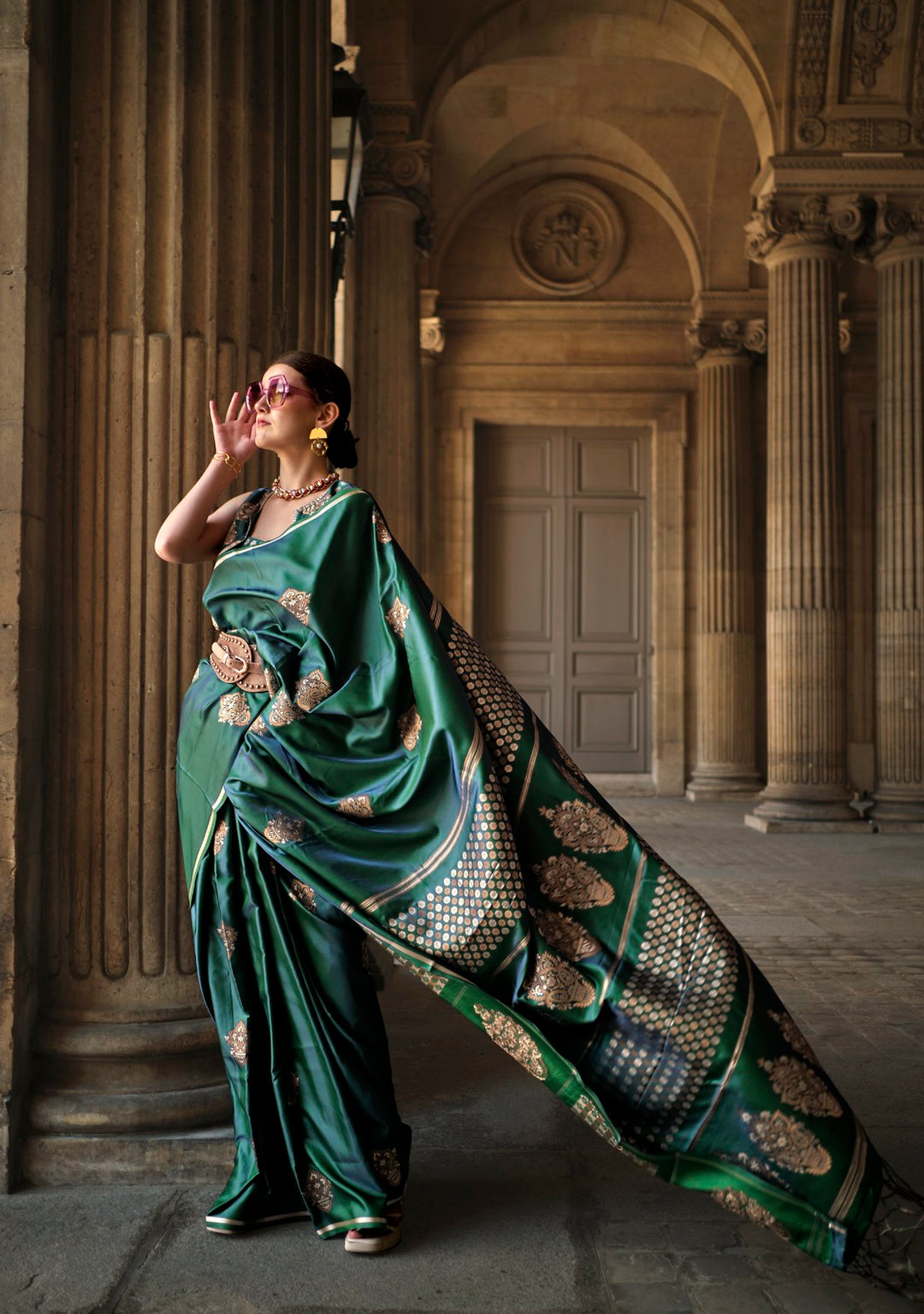 Elegant Green Pure Satin Handloom Saree