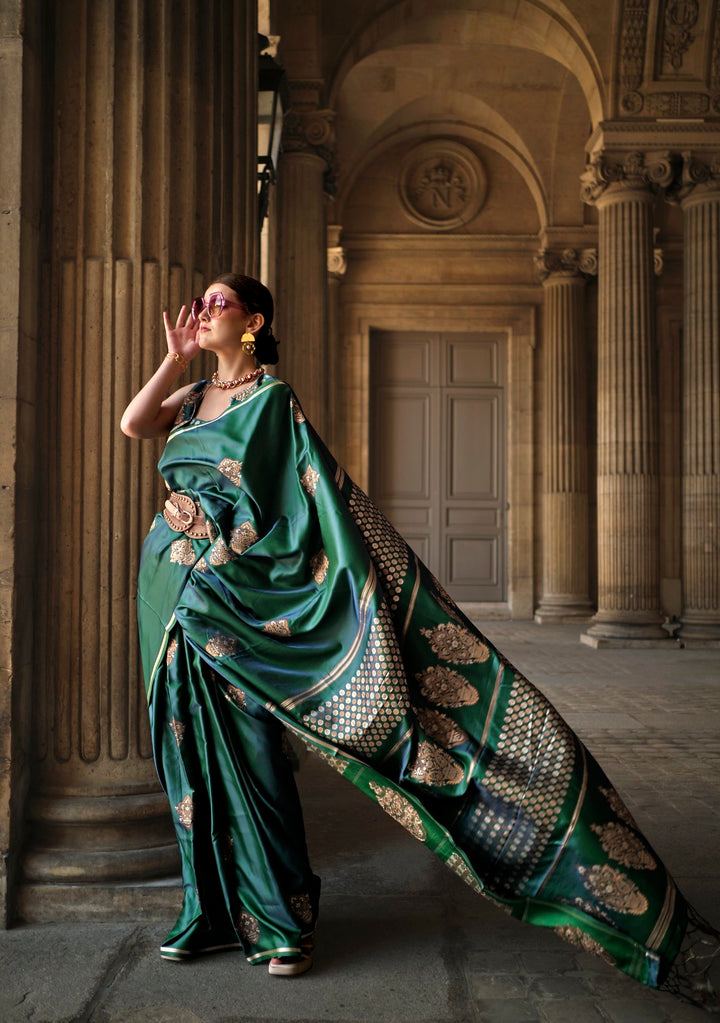 Elegant Green Pure Satin Handloom Saree