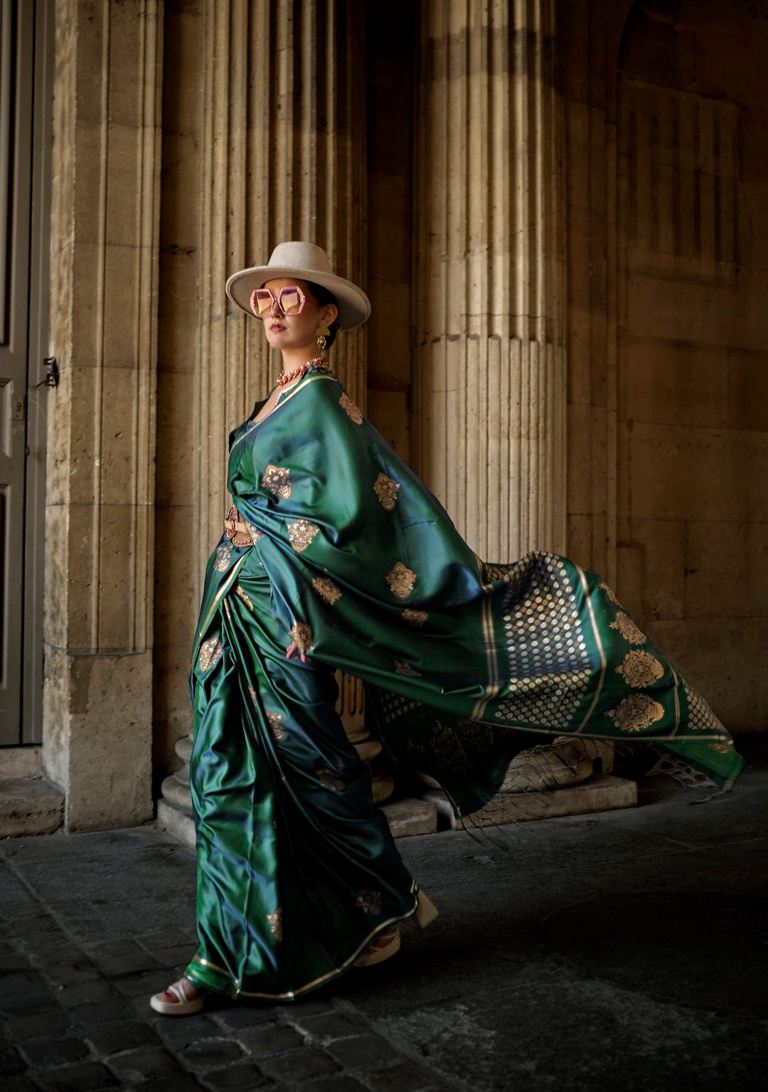 Elegant Green Pure Satin Handloom Saree
