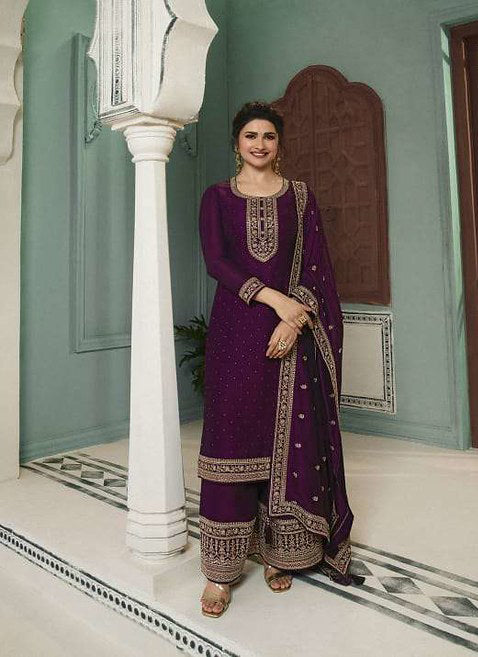 Exquisite Wine Georgette Silk Designer Salwar Kameez