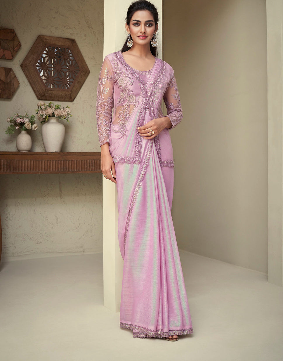 Elegant Light Pink Silk and Linen Saree