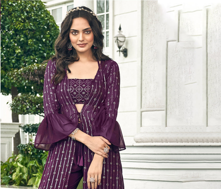 Captivating Wine Faux Georgette Designer Indo Western