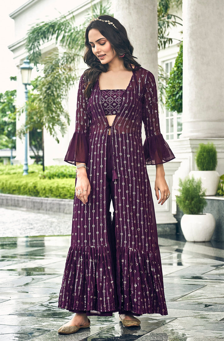 Captivating Wine Faux Georgette Designer Indo Western