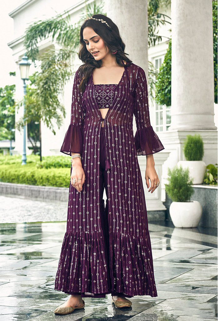 Captivating Wine Faux Georgette Designer Indo Western