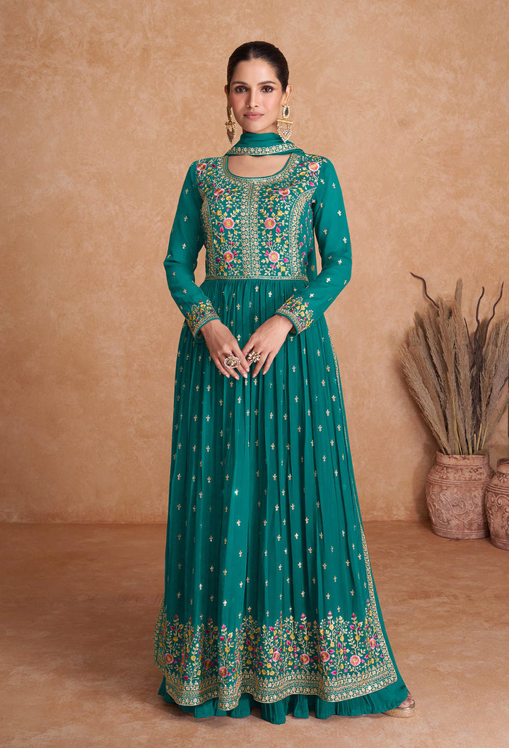 Exquisite Rama Green Blooming Georgette Indian Anarkali