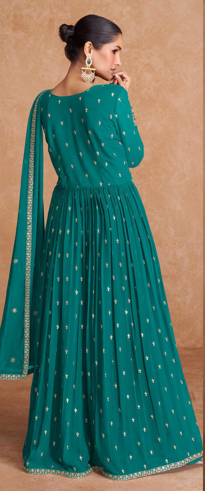 Exquisite Rama Green Blooming Georgette Indian Anarkali