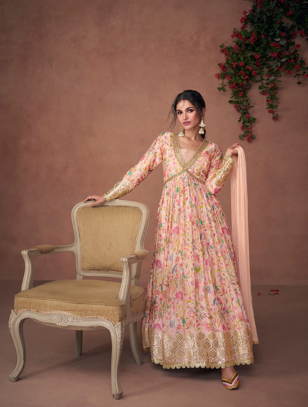 designer peach dress Peach Floral Georgette Designer Gown