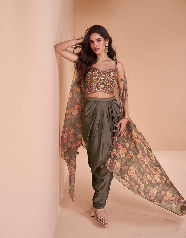Exquisite Brown Indo-Western Crop Top and Dhoti Set
