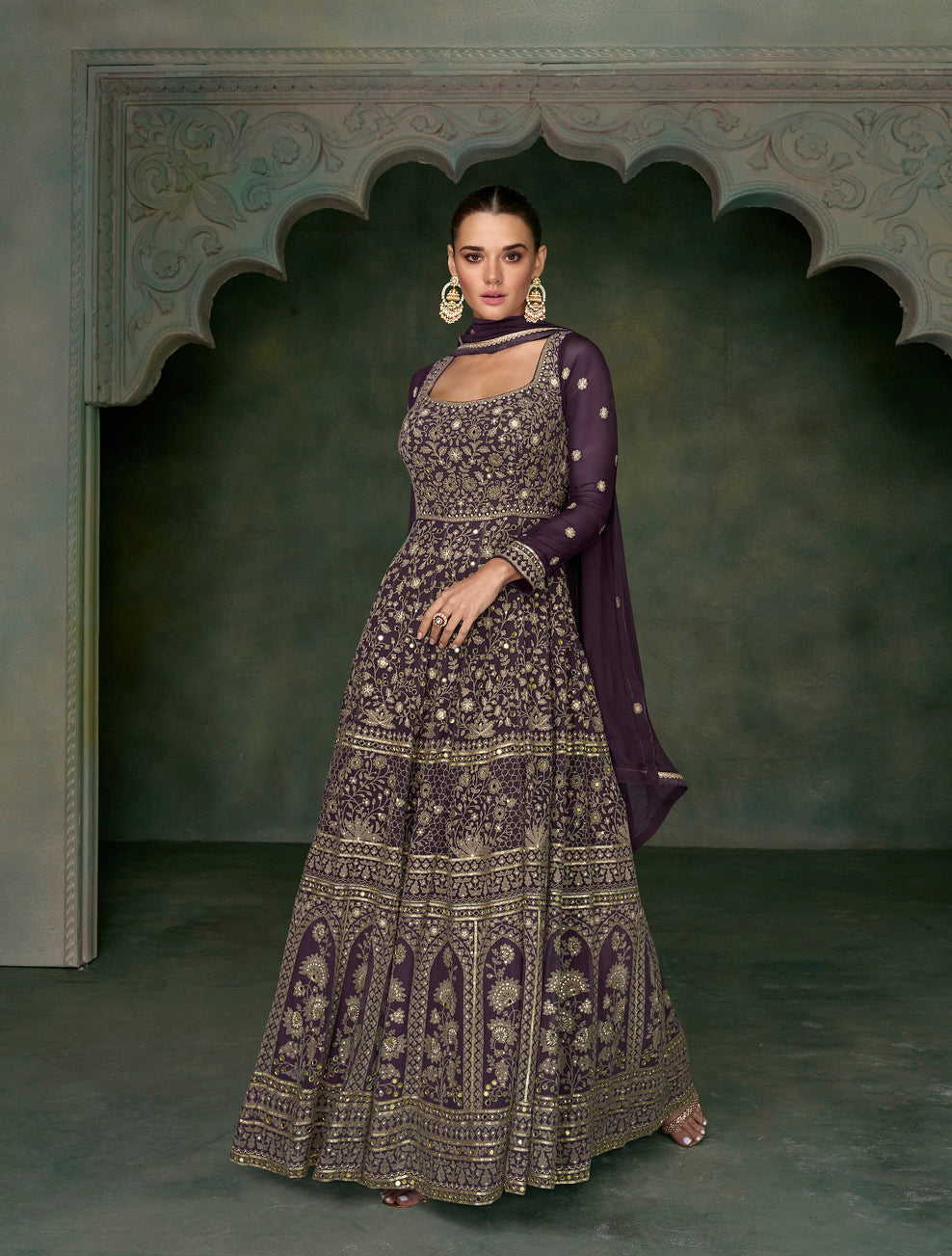 fitted lace wedding dress Dark purple Georgette Anarkali dress- Evolet with dupatta main image 1
