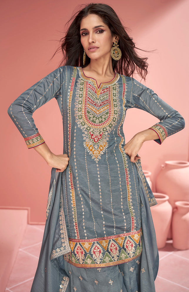 Readymade  Elegant Grey Designer Palazzo Type Salwar Kameez