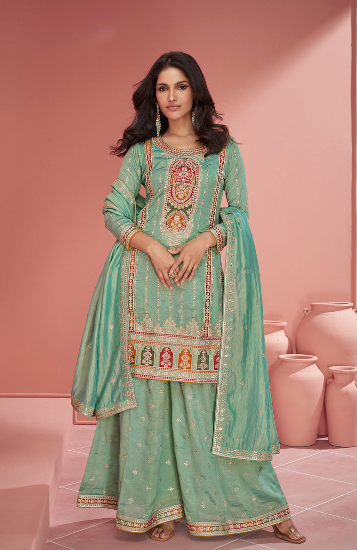 Readymade Elegant Green Designer Palazzo Type Salwar Kameez