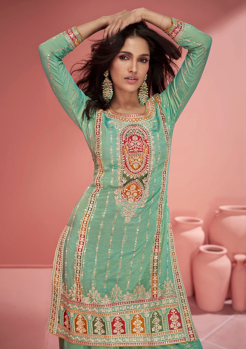 Readymade Elegant Green Designer Palazzo Type Salwar Kameez