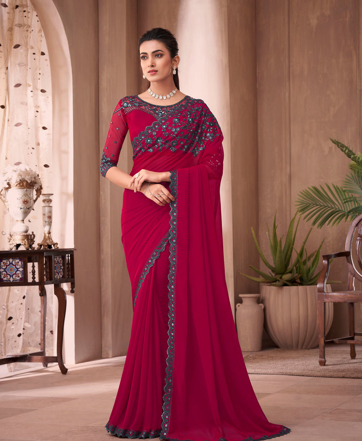 Fantastic Red Designer Silk Embroidery Saree