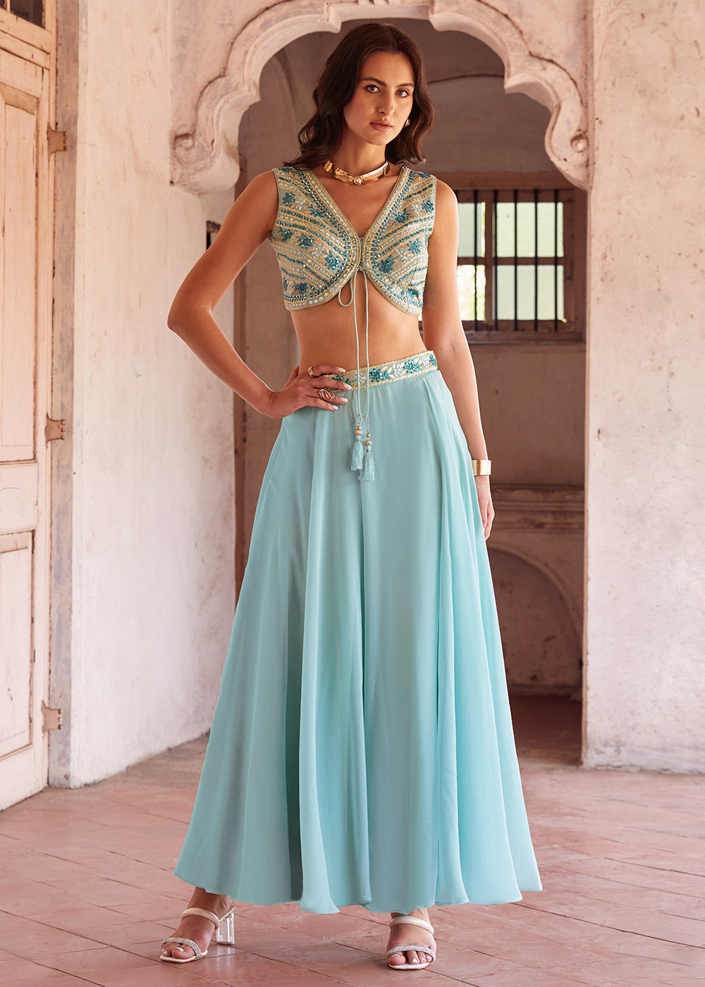 Readymade  Elegant Sky Blue Lehenga Choli
