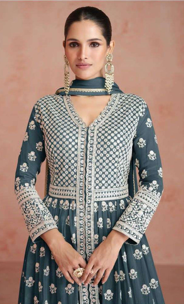 Exquisite Jade Blue Designer Stitched Anarkali Suit