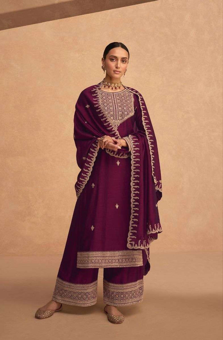Wine Purple Palazzo Style Salwar Suit - Premium Silk