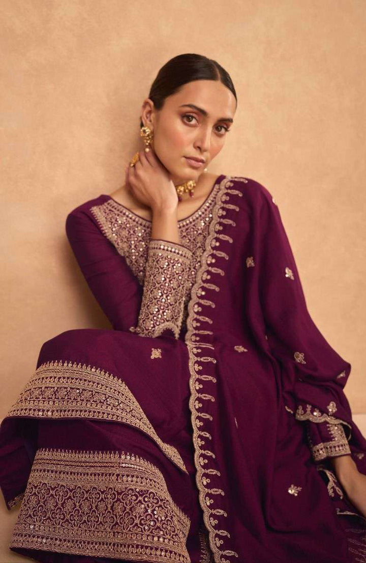 Wine Purple Palazzo Style Salwar Suit - Premium Silk