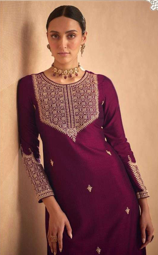 Wine Purple Palazzo Style Salwar Suit - Premium Silk