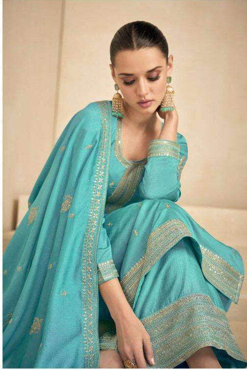 Exquisite Sky Blue Wedding Salwar Kameez Palazzo Pant Style