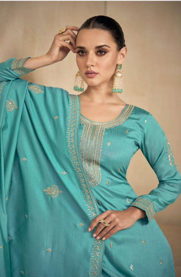 Exquisite Sky Blue Wedding Salwar Kameez Palazzo Pant Style