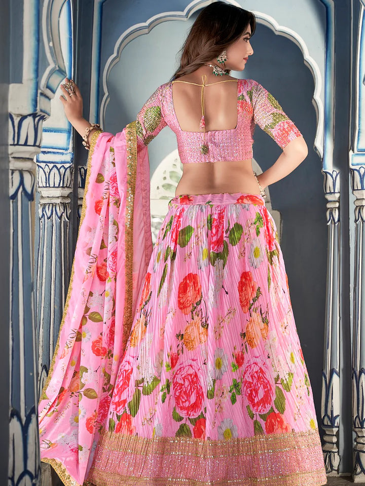 Elegant Pink Crushed Chinon Lehenga Choli