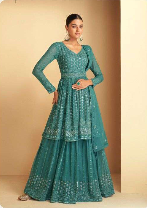 Elegant Sky Blue Stitched Salwar Kameez with Delicate Embroidery