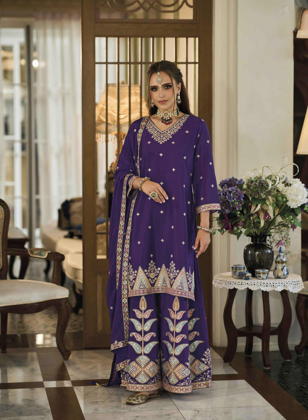 Readymade Designer Palazzo Salwar Kameez In Purple