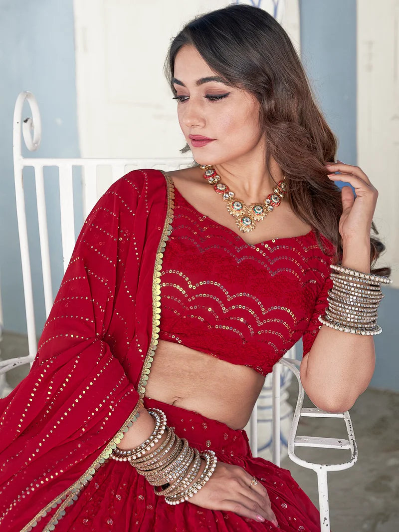 Red Georgette Partywear Lehenga