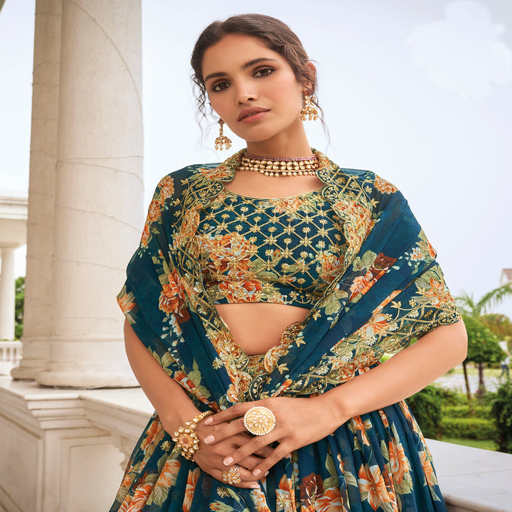 Elegant Blue Designer Printed Lehenga Choli